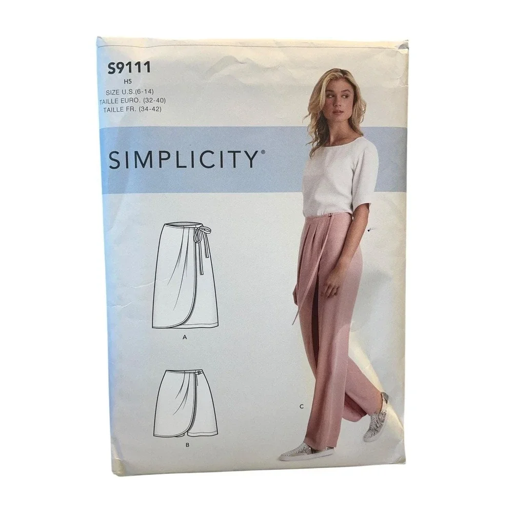 Simplicity S9111 Faux Wrap Pants Skirt Shorts Size 6-14 Sewing Pattern